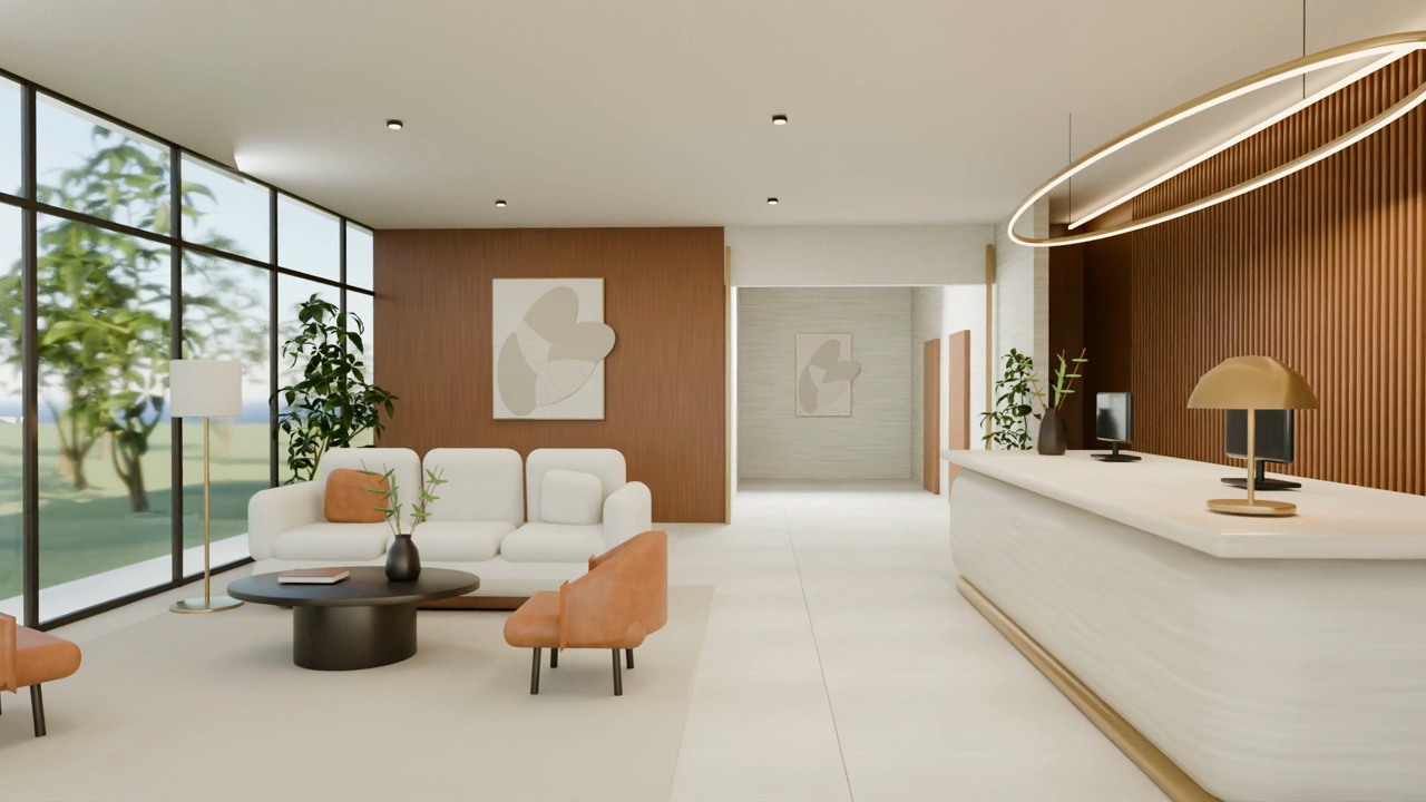 Warm Courtyard Quarter lobby with pale stone, walnut and ivory lounge furniture
