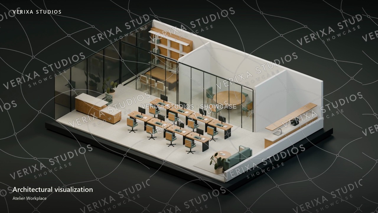 Atelier Workplace architectural model showing furnished interior spaces