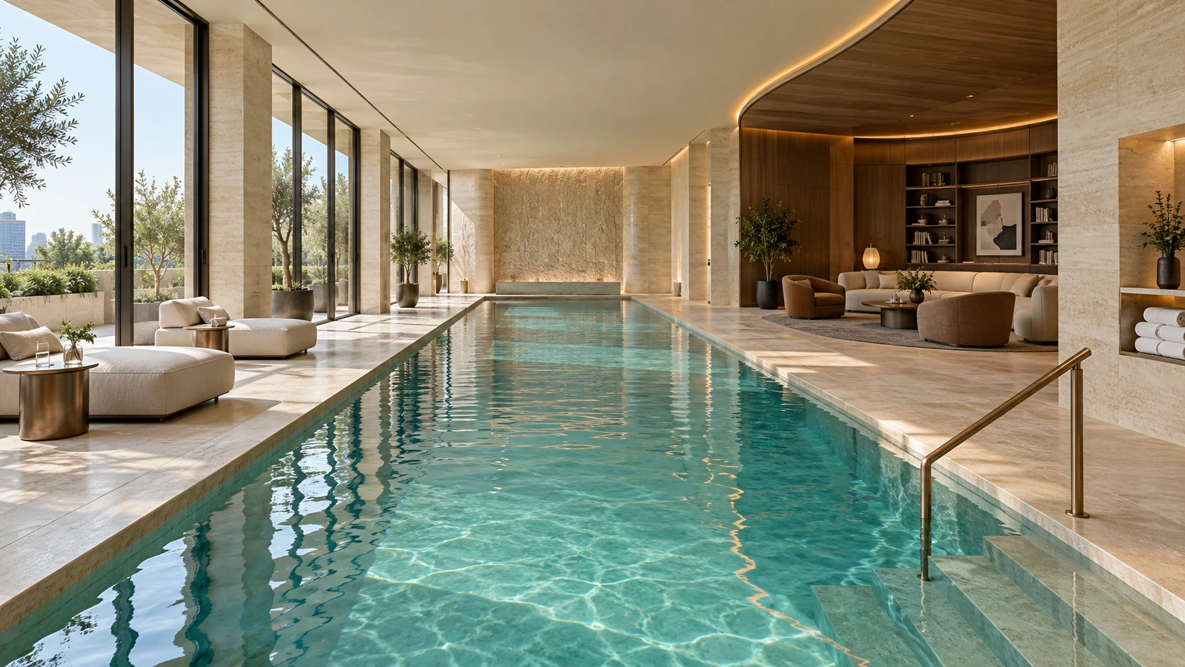 Pool and community lounge — amenity concept visualization.