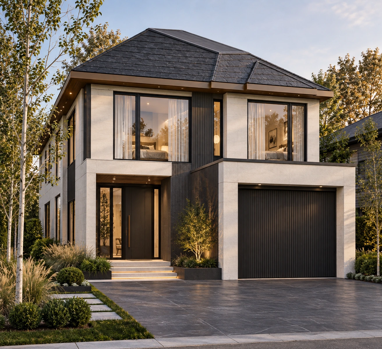AspenGrove exterior with white stone, charcoal vertical cladding, large windows and bronze-trimmed hipped roof