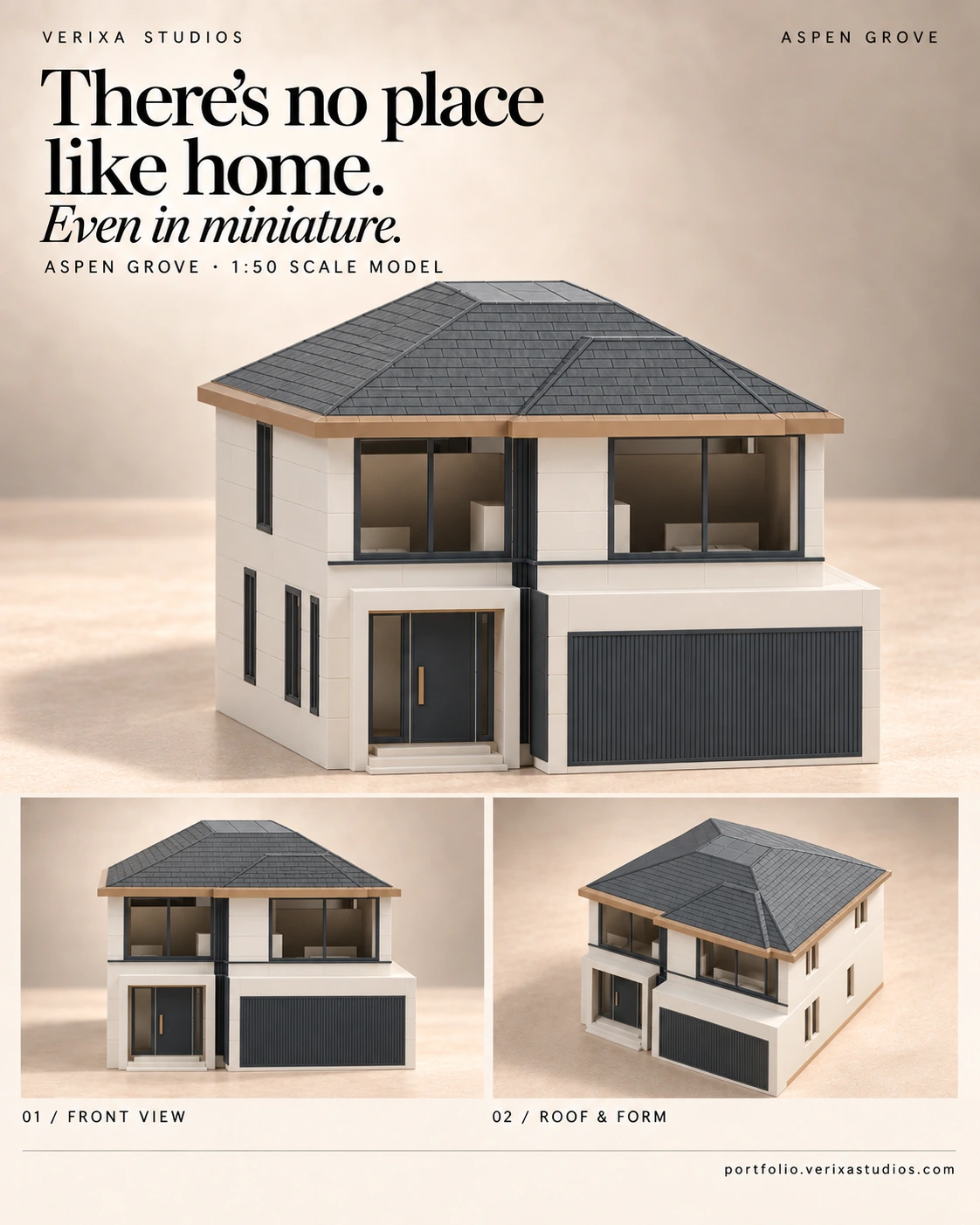 AspenGrove 1:50 architectural print preview with white walls, charcoal details and a bronze-trimmed hipped roof