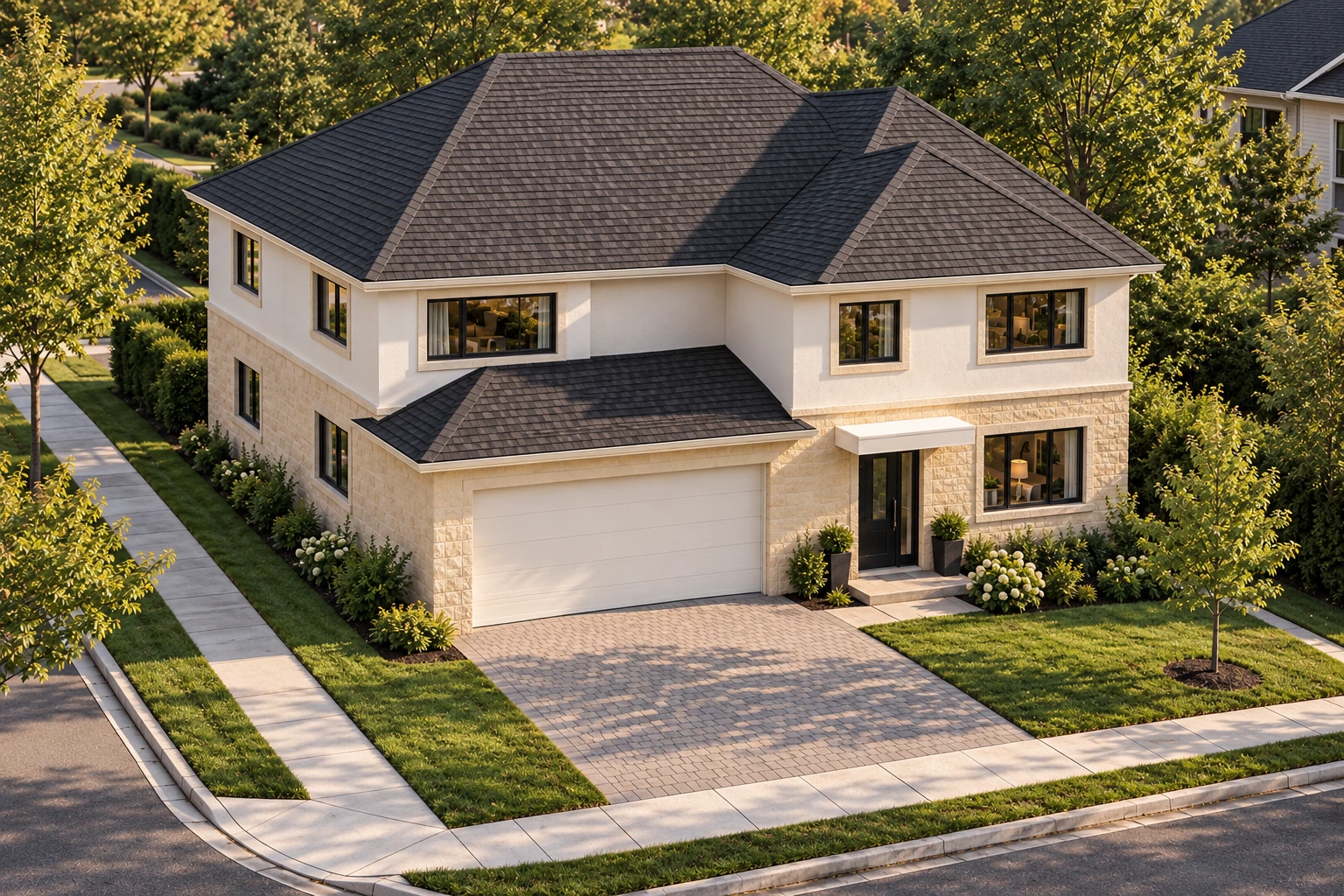 Bouchelier front corner-lot exterior with pale stone, white upper walls, charcoal hipped roofs and landscaped gardens in warm sunlight