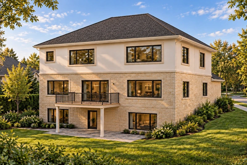 Bouchelier rear exterior with pale limestone, charcoal roof, a raised deck and garden walkout