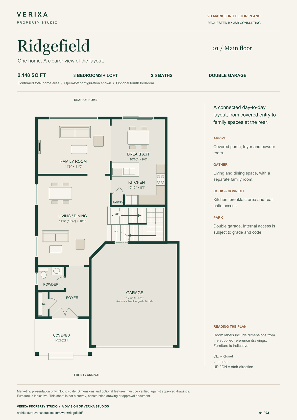 Ridgefield main floor 2D marketing plan, with room labels and dimensions; requested by JSB Consulting