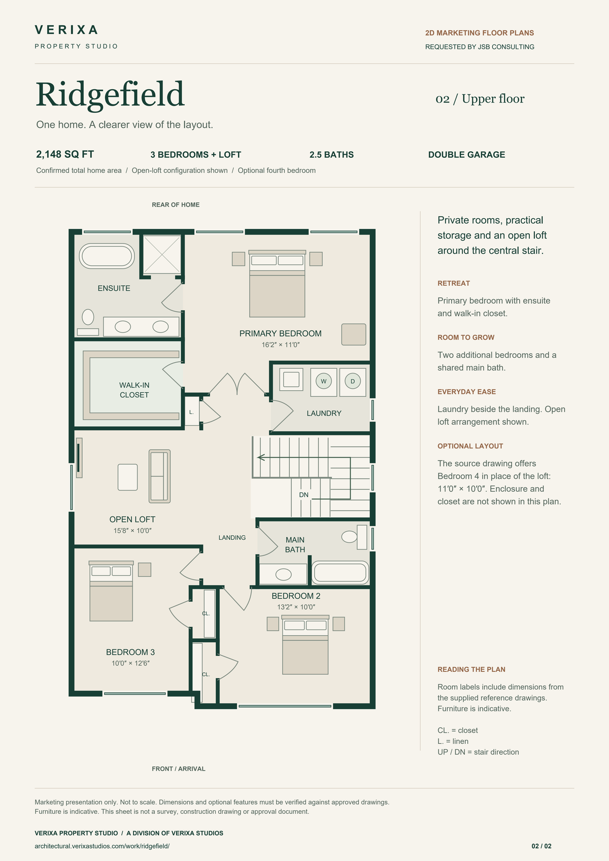 Ridgefield upper floor 2D marketing plan, with room labels and dimensions; requested by JSB Consulting